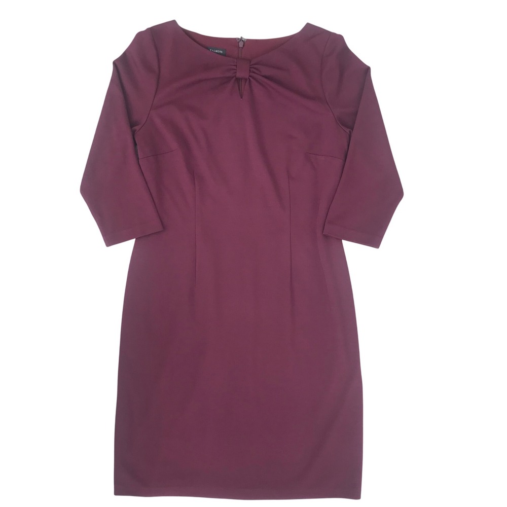 Talbots Women's Sheath Dress Size 8 Ponte Knit 3/4 Sleeve Burgundy Front Bow